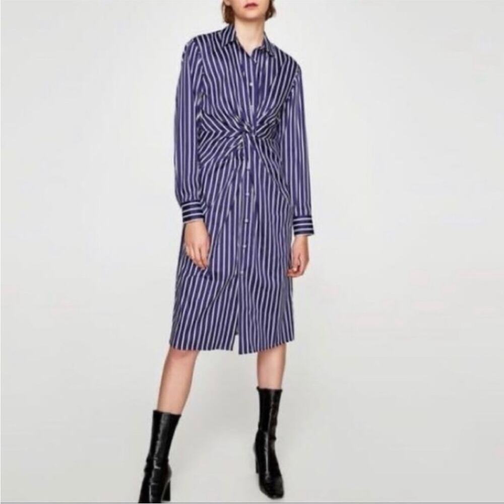 Zara Woman Blue Striped Button Front Midi Shirt Dress Sz S